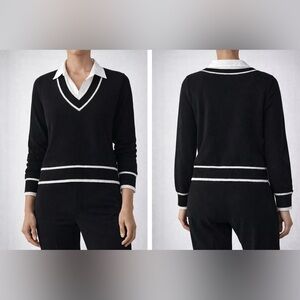 Preppy Black V-Neck Sweater w/ White Collar Trim Size L